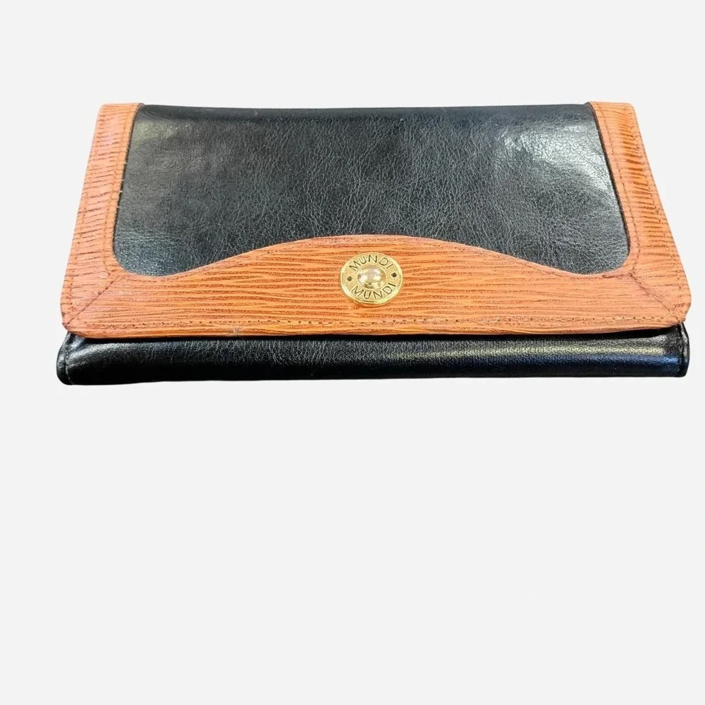 Mundi Black And Brown Leather Wallet With Textured Trim And Gold Hardware